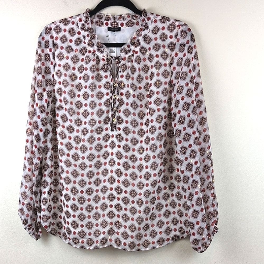 Talbot's Ruffle Neck Long Sleeve Blouse Top Ditsy Medallion NWT Size M